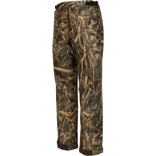 MST Women’s Refuge Bonded Fleece Pants - Realtree, a pair of camouflage pants with waterproof/windproof/breathable material and fleece lining for comfort. Adjustable waist, ankle cuffs, and stirrups.