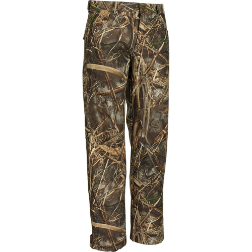 A pair of MST Women’s Refuge Bonded Fleece Pants - Realtree, featuring a camouflage pattern and elastic stirrups in the leg openings. Waterproof, windproof, and breathable for comfort during outdoor activities.