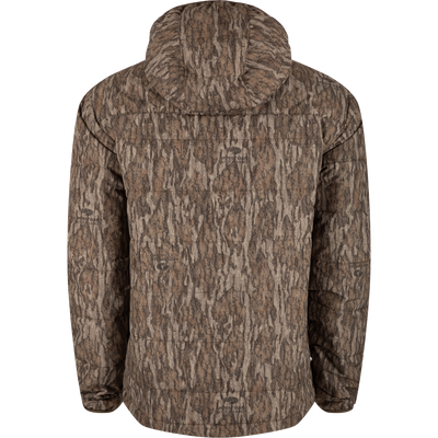 MST Synthetic Down Hooded Jacket with tree pattern, featuring horizontal baffle design, insulated hood, Magnattach™ chest pocket, and adjustable waist for hunting and outdoor use.