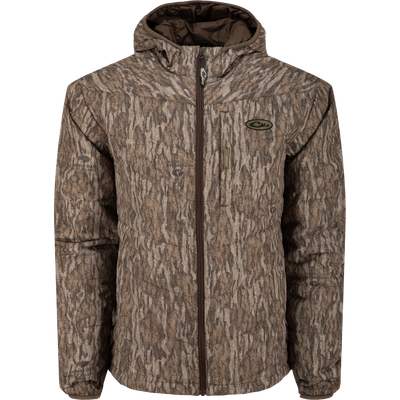 MST Synthetic Down Hooded Jacket with horizontal baffles, insulated hood, and Magnattach™ left chest pocket, designed for warmth and comfort in cold hunting conditions.