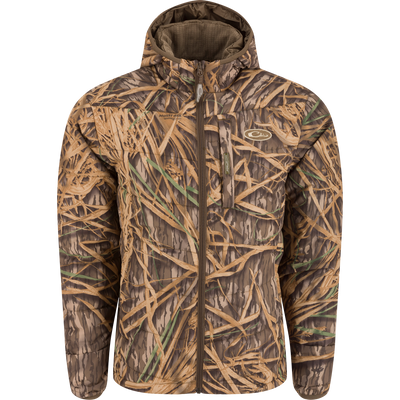 MST Synthetic Down Hooded Jacket with horizontal baffle design, insulated hood, and Magnattach™ pocket, ideal for cold weather hunts and camping.
