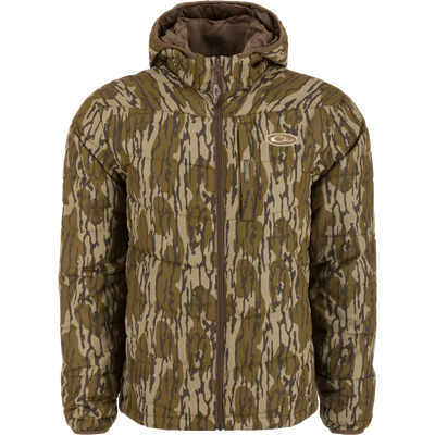 MST Synthetic Down Hooded Jacket with horizontal baffles, insulated hood, drawcord waist, and Magnattach™ chest pocket, ideal for hunting and cold-weather comfort.