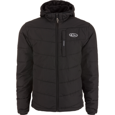 MST Synthetic Down Hooded Jacket with quilted design, full zipper, Magnattach™ chest pocket, elastic cuffs, and drawcord waist, ideal for hunting or camping.