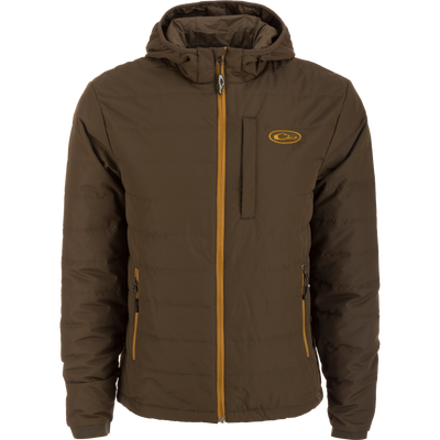 MST Synthetic Down Hooded Jacket with quilted stitching, insulated hood, elasticized cuffs, and Magnattach™ chest pocket, ideal for hunting or camping warmth.