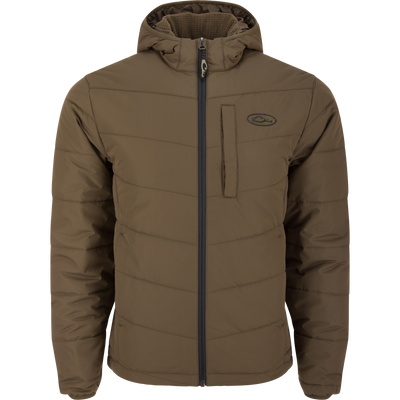 MST Synthetic Down Hooded Jacket with insulated hood, zippered chest and side pockets, and adjustable waist, designed for warmth and comfort during cold weather activities.