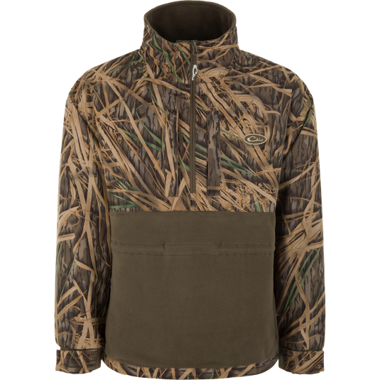 BFCM - MST Camo Eqwader 1/4 Zip Jacket with camo pattern, high collar, half-zip front, dual chest pockets, and breathable olive fleece midsection for hunting comfort.