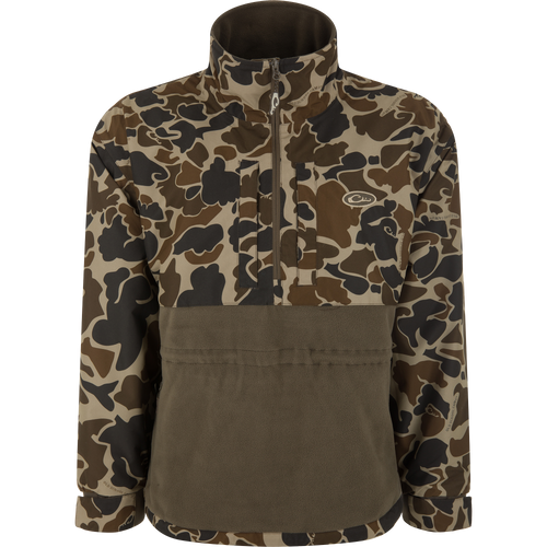 BFCM - MST Camo Eqwader 1/4 Zip Jacket, featuring camo-print upper, olive-green fleece lower, vertical zip chest pockets, high collar, and half-zip design for waterfowl hunting.