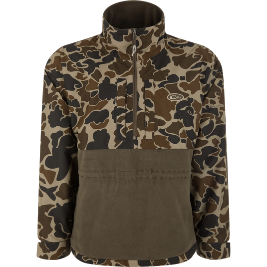 BFCM - MST Camo Eqwader 1/4 Zip Jacket, featuring camo-print upper, olive-green fleece lower, vertical zip chest pockets, high collar, and half-zip design for waterfowl hunting.