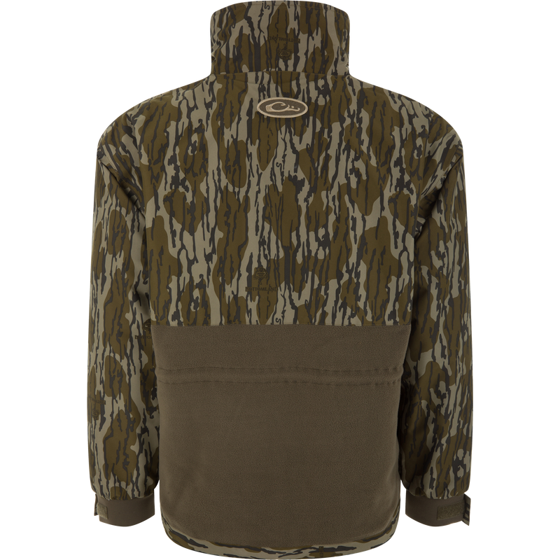 Back view of the BFCM - MST Camo Eqwader 1/4 Zip Jacket, featuring a camo upper shell and olive-brown fleece lower, with a stand-up collar and adjustable wrist tabs.