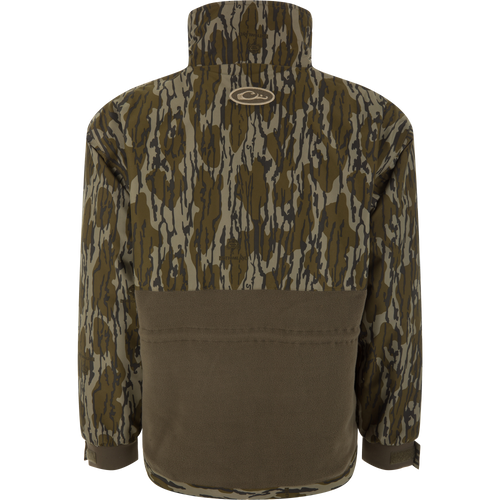 Back view of the BFCM - MST Camo Eqwader 1/4 Zip Jacket, featuring a camo upper shell and olive-brown fleece lower, with a stand-up collar and adjustable wrist tabs.
