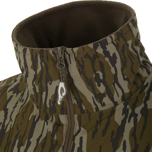 BFCM - MST Camo Eqwader 1/4 Zip Jacket featuring a high fleece-lined neck, bark camo pattern, and central zipper with distinctive pull tab.