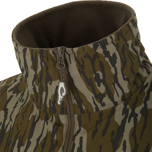BFCM - MST Camo Eqwader 1/4 Zip Jacket featuring a high fleece-lined neck, bark camo pattern, and central zipper with distinctive pull tab.