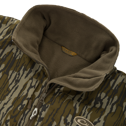 BFCM - MST Camo Eqwader 1/4 Zip Jacket, featuring a bark camo print with waterproof upper and breathable fleece lower, designed for optimal comfort in waders.