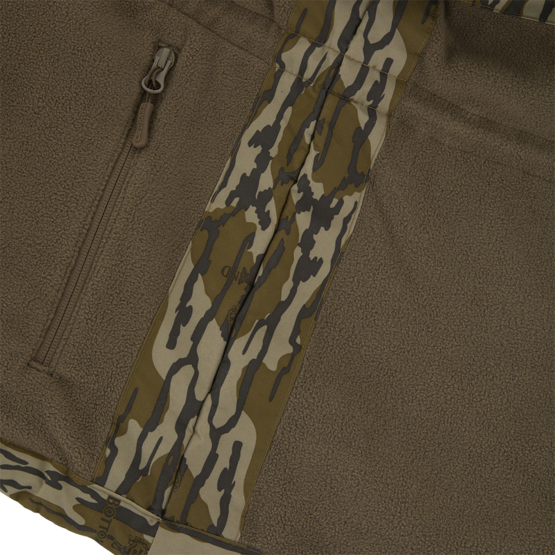 BFCM - MST Camo Eqwader 1/4 Zip Jacket in brown sherpa fleece with camouflage nylon accents, featuring a vertical zippered pocket and patented waterproof-breathable technology.