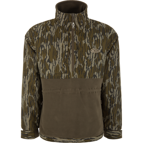 BFCM - MST Camo Eqwader 1/4 Zip Jacket displayed on mannequin, featuring a camo upper and olive-brown fleece lower, perfect for waterfowl hunting.