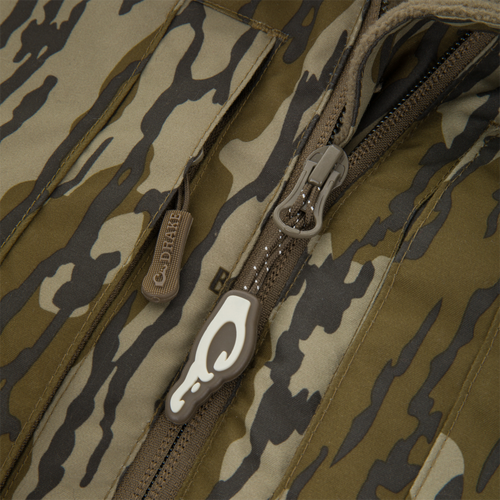 BFCM - MST Camo Eqwader 1/4 Zip Jacket with olive/brown camo pattern, visible zippers, and pocket flap, designed for waterfowl hunting comfort and performance.
