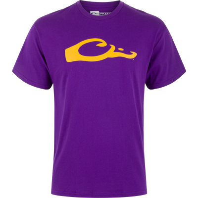 Drake Graphic Logo T-Shirt on a mannequin, featuring a yellow abstract wave design. Made from a soft cotton-polyester blend for comfort and durability.