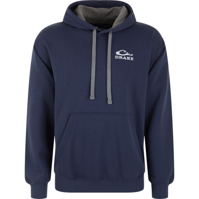 Navy blue Drake Santa Holiday Logo Hoodie featuring a grey hood lining, matching drawstrings, and a white duck logo on the left chest.