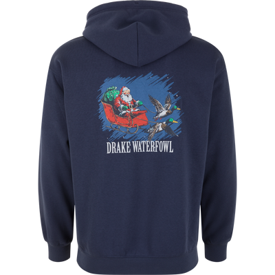 Spellbound Drake Santa Holiday Logo Hoodie featuring a back graphic of Santa Claus in a sleigh pulled by two flying ducks, with the text DRAKE WATERFOWL below.
