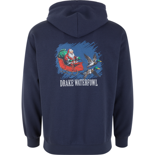 Spellbound Drake Santa Holiday Logo Hoodie featuring a back graphic of Santa Claus in a sleigh pulled by two flying ducks, with the text DRAKE WATERFOWL below.