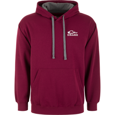 Maroon Lifestyle Drake Holiday Deer Logo Hoodie with a grey hood lining, matching drawstring cords, and a white deer logo on the chest.