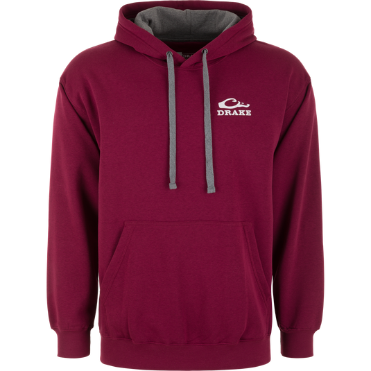 Maroon Lifestyle Drake Holiday Deer Logo Hoodie with a grey hood lining, matching drawstring cords, and a white deer logo on the chest.
