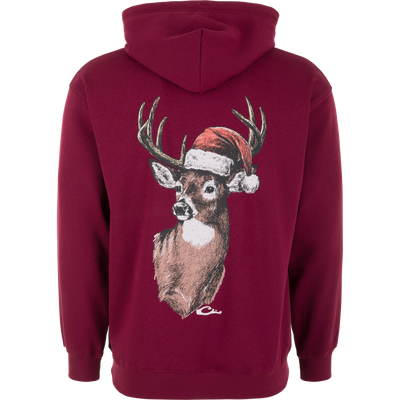 Back view of a Tawny Port Drake Holiday Deer Logo Hoodie featuring a graphic of a deer wearing a Santa hat.