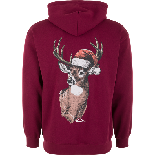 Back view of a Tawny Port Drake Holiday Deer Logo Hoodie featuring a graphic of a deer wearing a Santa hat.