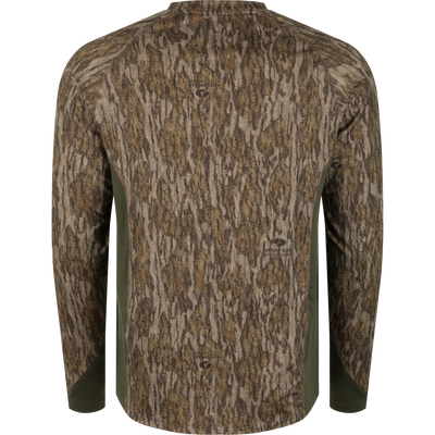 Drake Base Layer Crew Neck in a brown and tan tree bark camouflage pattern with solid green side panels.