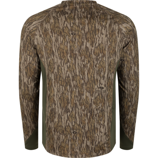 Drake Base Layer Crew Neck in a brown and tan tree bark camouflage pattern with solid green side panels.