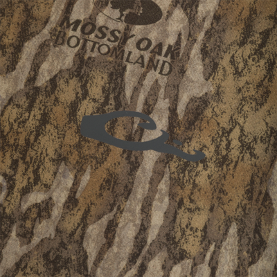 Drake Base Layer Crew Neck in a brown, black, and tan tree bark camouflage pattern with a gray duck-shaped logo on the chest.