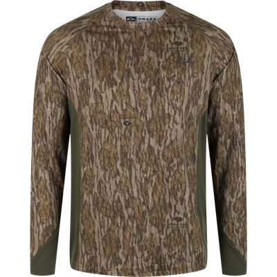 Drake Base Layer Crew Neck in Mossy Oak Bottomland featuring a brown and green camouflage pattern with solid olive green side panels.
