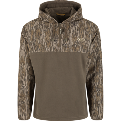 Waterproof and windproof MST Quarter Zip Refuge Eqwader Jacket with Hood featuring a camouflage pattern on the upper section and a solid olive-green fleece lower section.