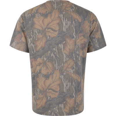 Drake X Ducks Unlimited Faded T-Shirt in a lightweight brown and green woodland camouflage leaf pattern.