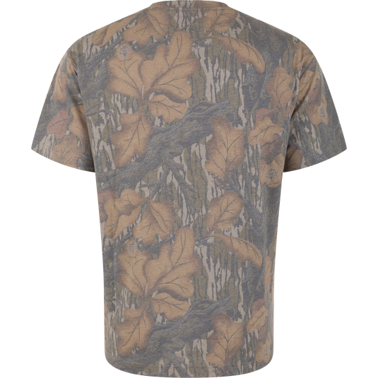 Drake X Ducks Unlimited Faded T-Shirt in a lightweight brown and green woodland camouflage leaf pattern.