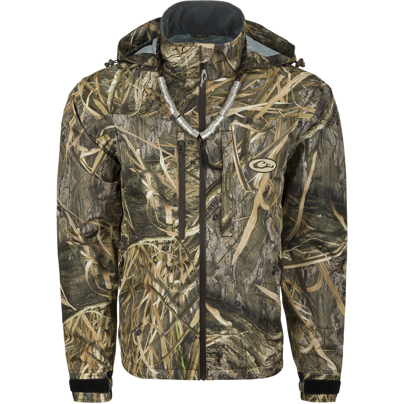EST Guardian Elite Pro Ultralight 3-Layer Jacket: A waterproof/windproof/breathable camouflage jacket with hood, multiple pockets, and no-water cuff closures.