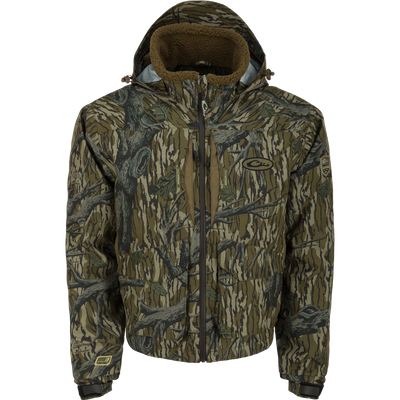 LST Insulated Timber Jacket, designed for hunters, featuring a camouflage pattern and durable construction with waterproof fabric and multiple pockets for practicality in the field.