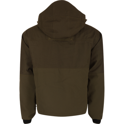 Backside of hooded Guardian Elite™ LST Insulated Timber Jacket for hunters, featuring waterproof fabric, reinforced lower back, and fleece-lined collar. Functional pockets and adjustable details for outdoor comfort.