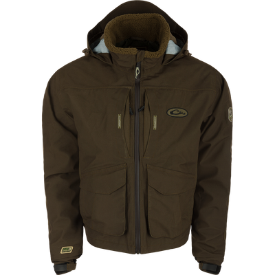 LST Insulated Timber Jacket with hood, featuring multiple pockets, zippers, and adjustable elements for hunting comfort and functionality.