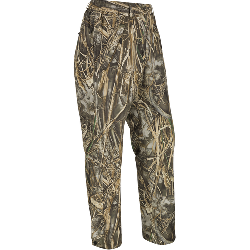 A pair of lightweight, waterproof/windproof/breathable camouflage pants with zippered legs and side-access pockets. Ideal for all-day comfort and protection from the elements. From Drake Waterfowl's EST Guardian Elite Pro Ultralight 3-Layer Pants collection.