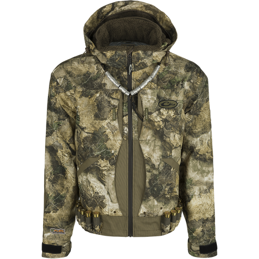 A Guardian Elite Timber/Field Jacket with advanced features for all-season comfort. Waterproof, windproof, and breathable G3-Flex™ Fabric. Multiple pockets, adjustable hood, and removable face mask. BMZ System for customizable insulation. Drake Waterfowl hunting gear.