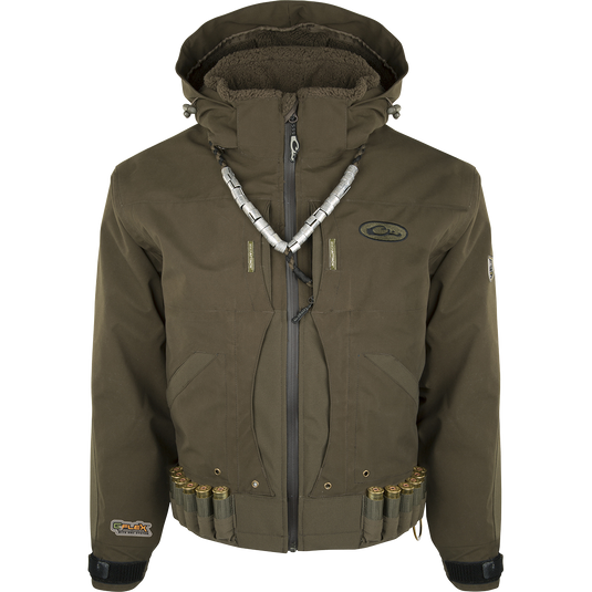 Guardian Elite Timber/Field Jacket with hood and bullet attachments. Close-up of zipper and logo. Waterproof and windproof.