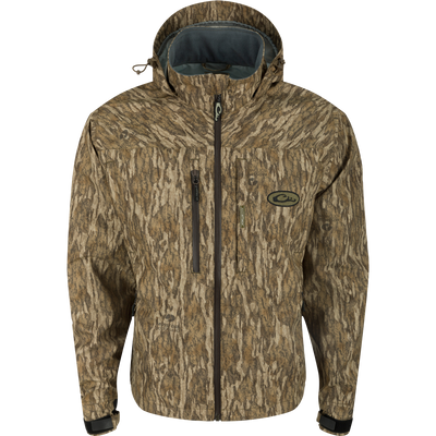 G3 Flex Uninsulated Waterfowlers Jacket with hood, multiple pockets, and waterproof zippers for rugged outdoor protection and enhanced mobility in harsh conditions.