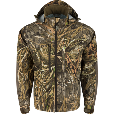 G3 Flex Uninsulated Waterfowlers Jacket, featuring a camouflage pattern with multiple pockets and zippers, designed for rugged, waterproof protection and improved range of motion.