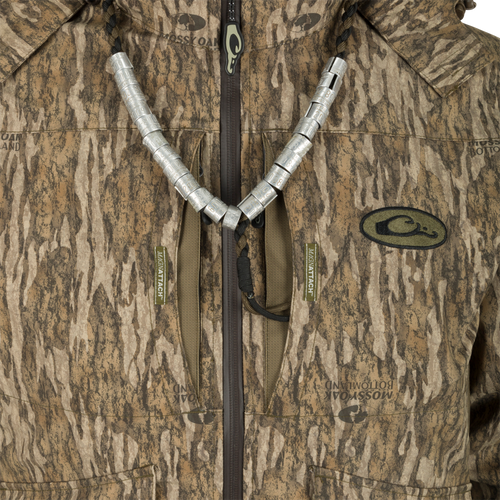 G3 Flex 3-in-1 Waterfowler's Jacket: Close-up of jacket with patch logo, zipper, and chain. Ultimate versatility for waterfowl hunting.