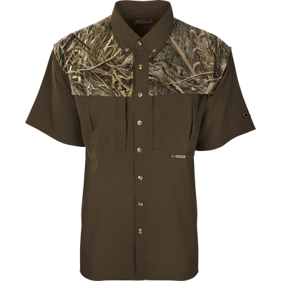 Close-up of the EST Camo Flyweight Wingshooter's Short Sleeve Shirt, showcasing the breathable mesh back and large chest pockets designed for hunting.