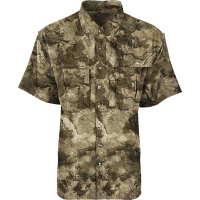 EST Camo Flyweight Wingshooter's Short Sleeve Shirt featuring vented mesh back, Magnattach™ chest pocket, and sunglasses holder, ideal for early season hunting.
