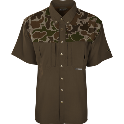 Camo Flyweight Wingshooter's Shirt with buttons, featuring mesh back, chest pockets, designed for breathability and quick drying, ideal for early season hunting.