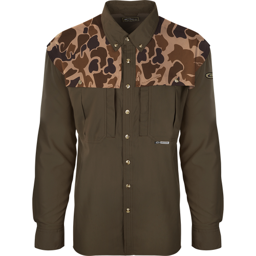 A lightweight, breathable hunting shirt with camo pattern, moisture-wicking fabric, and sun protection. Features include back vents, mesh panels, chest pockets, and quick-drying material. Drake Waterfowl's EST Two-Tone Camo Flyweight Wingshooter's Shirt L/S.