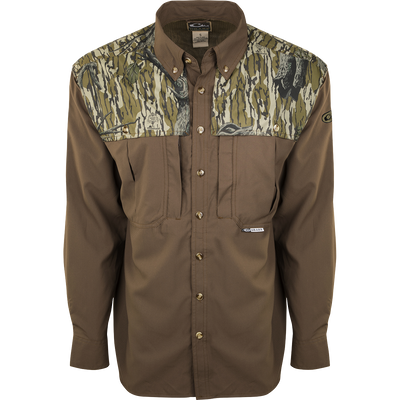 EST Two-Tone Camo Flyweight Wingshooter's Shirt L/S, featuring a camouflage design, collar, buttons, and sleeves, ideal for early-season hunting with breathable, quick-drying fabric.